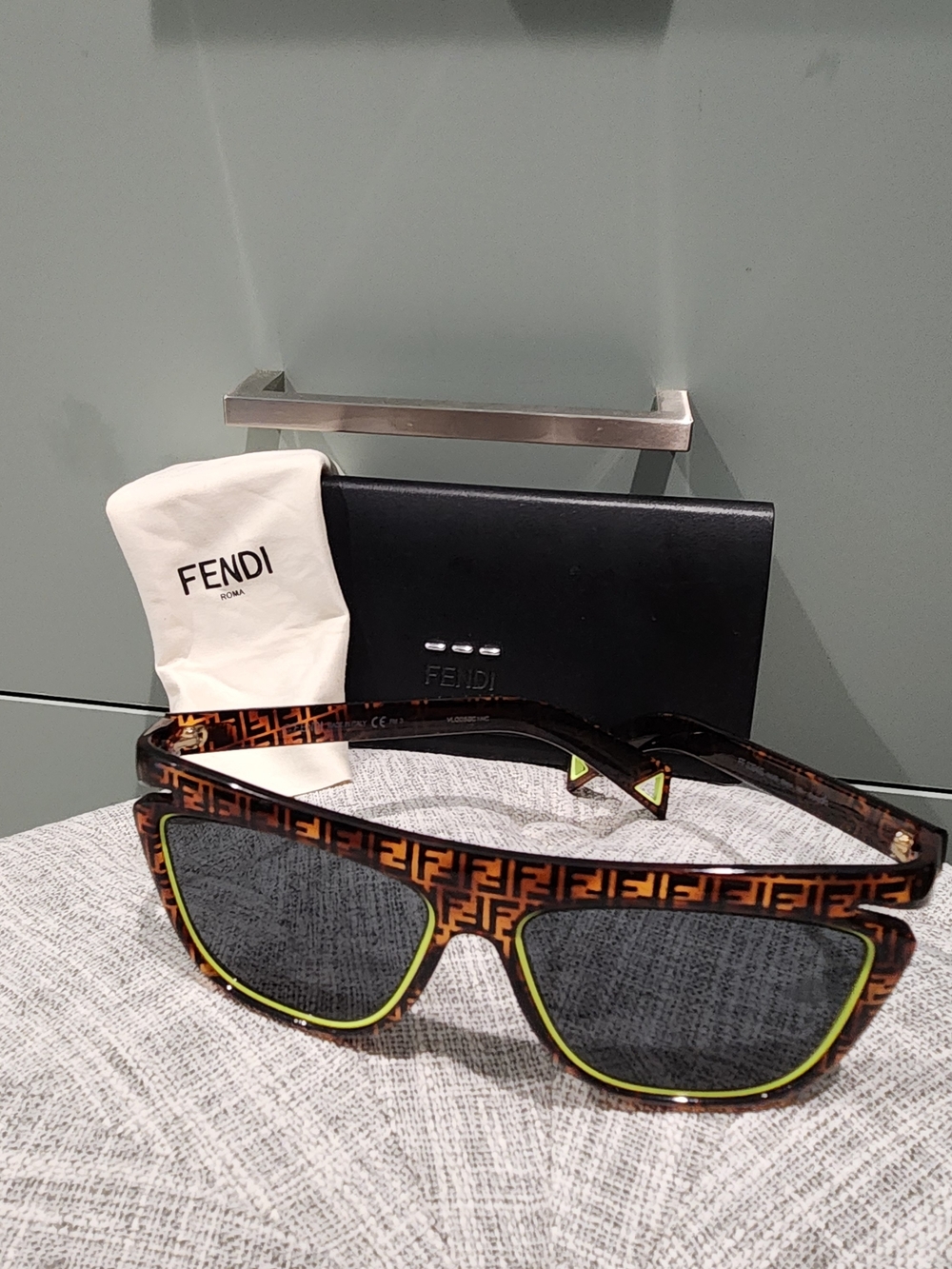 Fendi Brown Tortoiseshell Logo Sunglasses with Neon Yellow Trim - Picture 7 of 7